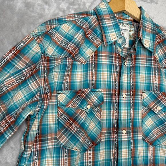 Rough Stock Panhandle Slim Shirt Mens Medium Pearl Snap Turquoise Brown Plaid - Picture 3 of 14